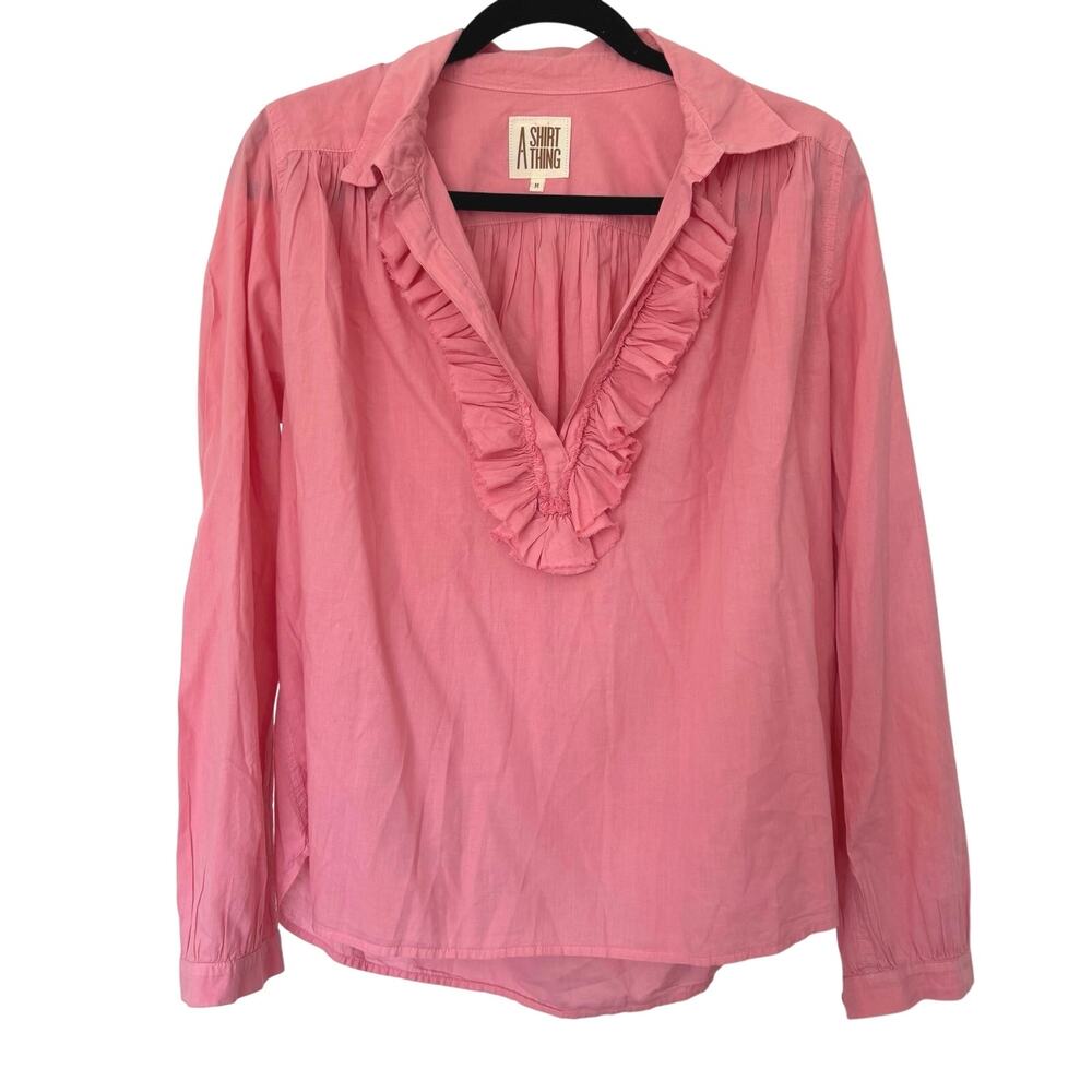A Shirt Thing (M) Pink Ruffle V Neck Boho Blouse Romantic Flowy Peasant Top